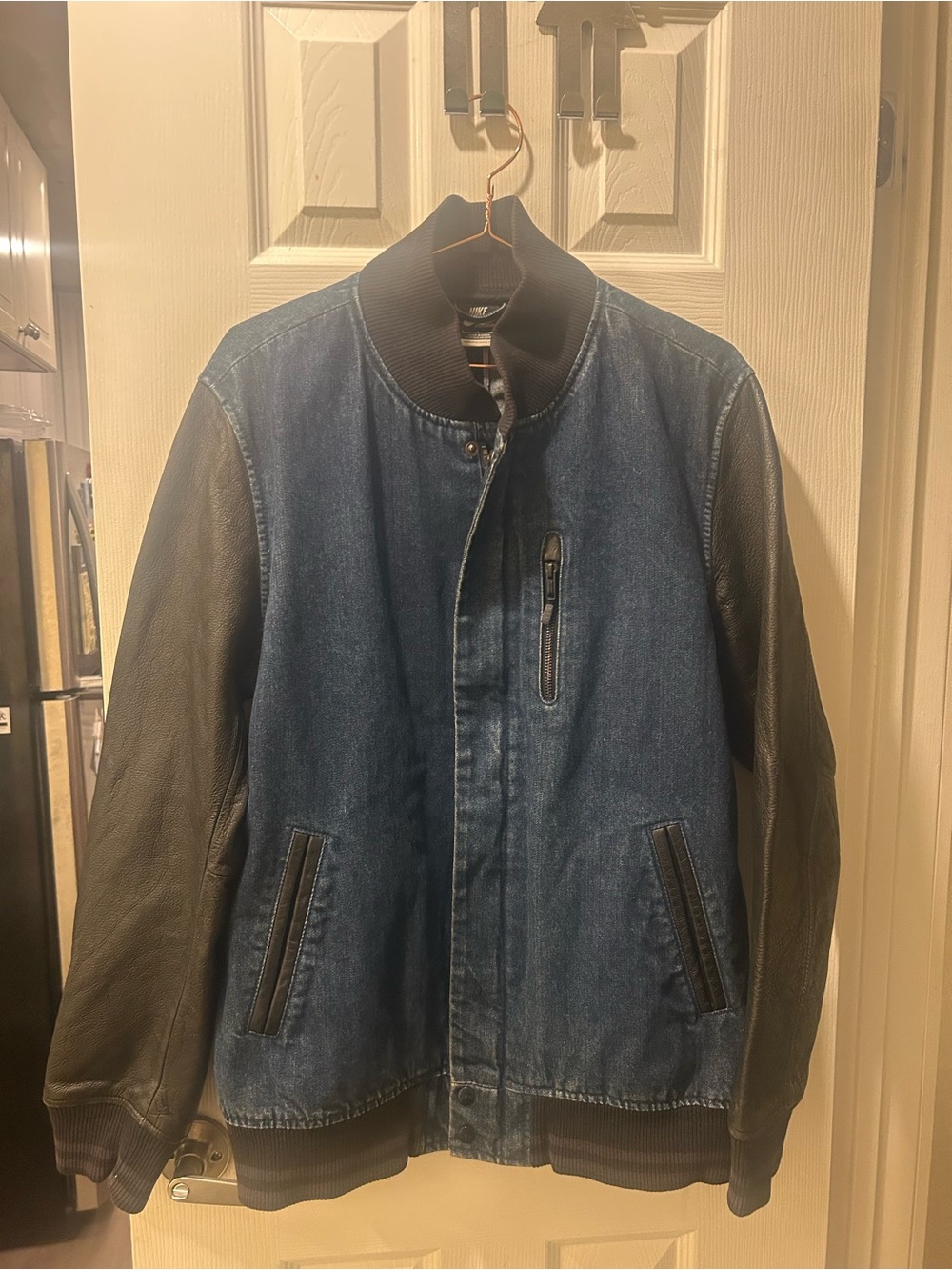 Nike Vasity NBA Men's Blue Denim Bomber Jacket with Black Sleeves